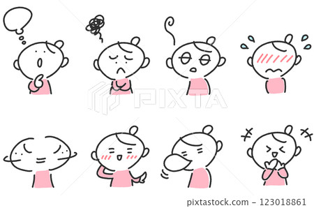 A set of women with various expressions: thinking, blushing, laughing, embarrassed 123018861