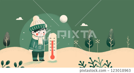 寒冷下雪天裡的孩子和溫度計的插圖 123018963