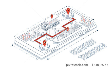 Smart Logistics and Automated Warehouse Operations utilize Mobile Shipment Tracking Apps for logistics companies, incorporating GPS technology for maritime and cargo transportation services. 123019243