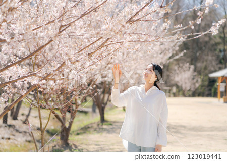沿著櫻花樹散步的年輕女子 沿著櫻花樹散步的年輕女子 123019441