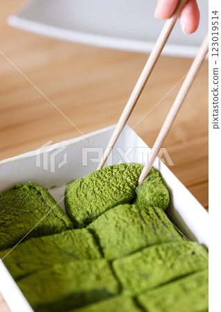 Closeup of Warabi mochi. Traditional Japanese sweet from bracken starch. Closeup of Warabi mochi. Traditional Japanese sweet from bracken starch. 123019514