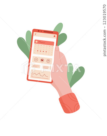 A hand holds a phone displaying a calendar app. A user interacts with the mobile application showing scheduled events. The technology features digital screen with various tools, professional format, 123019570