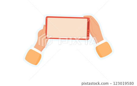 Hand holding smartphone sticker. Users palm grips a mobile phone. Empty screen template, digital concept, ideal for application showcases and technology services. 123019580