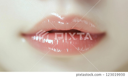 特寫鏡頭：年輕亞洲女性濕潤的嘴唇。她有著可愛的嘴巴和粉紅色的唇彩。 123019930