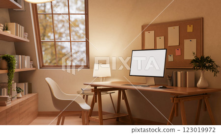 A cozy minimalist home office features a computer on a wooden desk. A cozy minimalist home office features a computer on a wooden desk. 123019972
