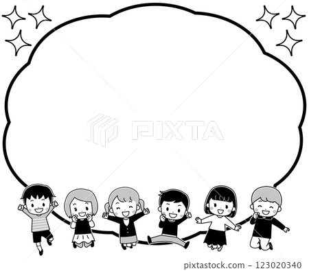 Frame illustration of smiling children jumping and speech bubbles 123020340