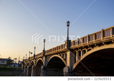 Muko Ohashi Bridge illuminated by the morning sun, Hyogo Prefecture 123020351