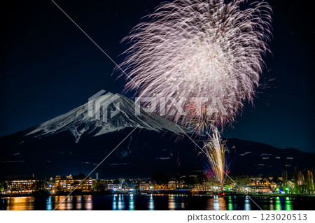 Mt. Fuji and fireworks ~Kawaguchiko winter fireworks~ 123020513