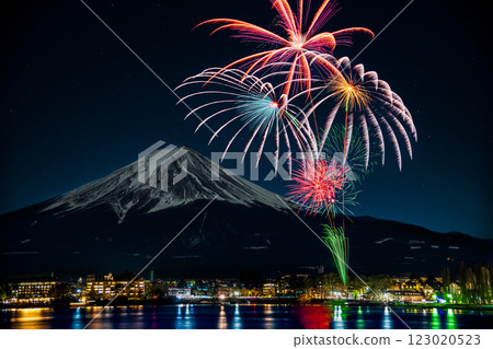 Mt. Fuji and fireworks ~Kawaguchiko winter fireworks~ 123020523