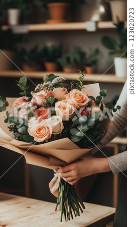 Florist presenting a bouquet of roses and eucalyptus 123020723