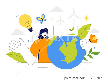 Sustainable Living Vector Illustration featuring Eco Friendly Practices, Wind Turbines Generating Renewable Energy and an Environmentally Green Energy Sustainable Living Vector Illustration featuring Eco Friendly Practices, Wind Turbines Generating Renewable Energy and an Environmentally Green Energy 123020753