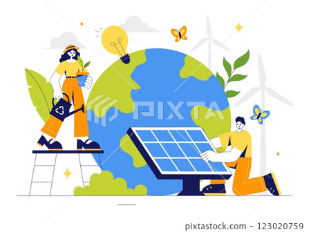 Sustainable Living Vector Illustration featuring Eco Friendly Practices, Wind Turbines Generating Renewable Energy and an Environmentally Green Energy 123020759