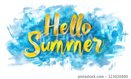 Hello summer greeting with bright colors and artistic brush strokes on a blue background 123020800