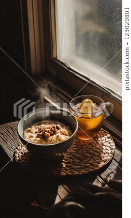 Steaming oatmeal and lemon tea on a rustic table near a window Steaming oatmeal and lemon tea on a rustic table near a window 123020801
