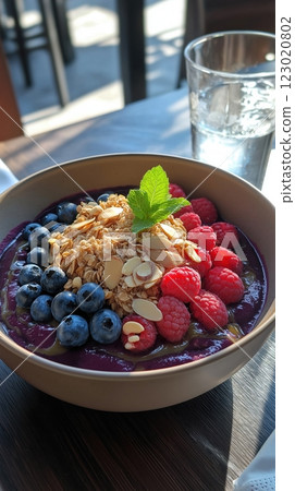 Bright smoothie acai bowl with raspberries, blueberries, and granola on a sunny day 123020802