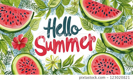 Hello summer with watermelon slices and tropical flowers in a vibrant illustration 123020821