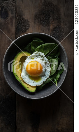 Healthy breakfast bowl with poached egg, avocado, and fresh spinach leaves Healthy breakfast bowl with poached egg, avocado, and fresh spinach leaves 123020822