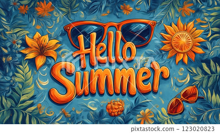 Hello summer with vibrant flowers and stylish sunglasses on a colorful background 123020823