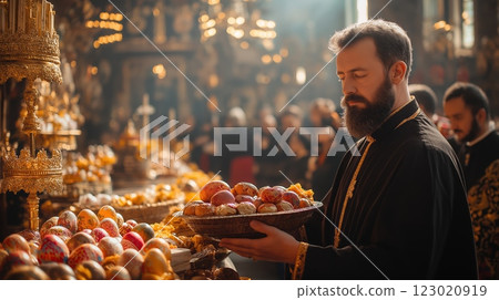 Parishioners presenting Easter baskets with decorated eggs and bread 123020919