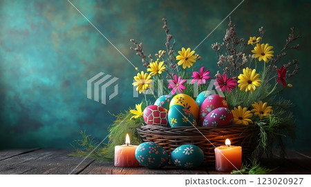 Decorative Easter basket with eggs and flowers on a moody background 123020927