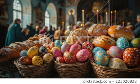 Traditional Easter basket with painted eggs and bread in a church setting 123020928