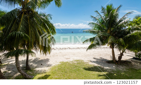 Tall palms cast shadows on a white sandy beach, with calm turquoise waters and anchored boats in the distance. Praslin, Seychelles. 123021157
