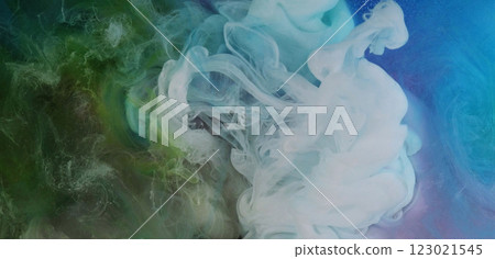Paint drop background. Abstract colors swirl. Defocused green white glowing splashes cloud liquid water ink texture haze on art light. 123021545