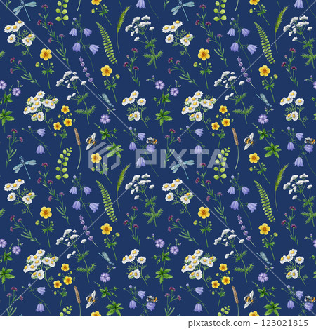 Meadow wildflowers seamless pattern vintage style watercolor illustration. Hand drawn chamomile, bluebell, bumblebee, dragonfly on blooming summer flowers elegant decoration on dark background 123021815