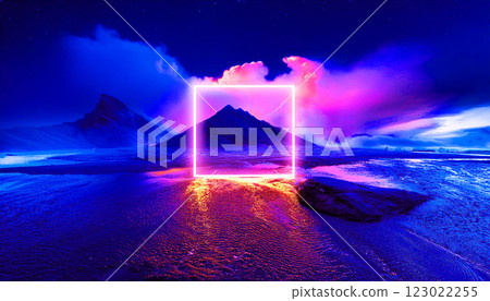 3D rendering of a surreal landscape with glowing neon square frame, surrounded by mountains and a reflective water surface under a starry night sky, fantasy landscape with clouds 123022255