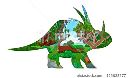 Paper cut dinosaur silhouette with prehistoric landscape inside. Jurassic styracosaurus dino animal vector 3d paper cut silhouette with cartoon jungle forest landscape of tropical trees and waterfall Paper cut dinosaur silhouette with prehistoric landscape inside. Jurassic styracosaurus dino animal vector 3d paper cut silhouette with cartoon jungle forest landscape of tropical trees and waterfall 123022377