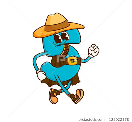 Cartoon groovy math number 5 Western cowboy or bandit, vector character. Funny groovy number Five 5 cowboy or vagabond ranger in wild West hat with gun bullets bandoleer as math numeral character Cartoon groovy math number 5 Western cowboy or bandit, vector character. Funny groovy number Five 5 cowboy or vagabond ranger in wild West hat with gun bullets bandoleer as math numeral character 123022378