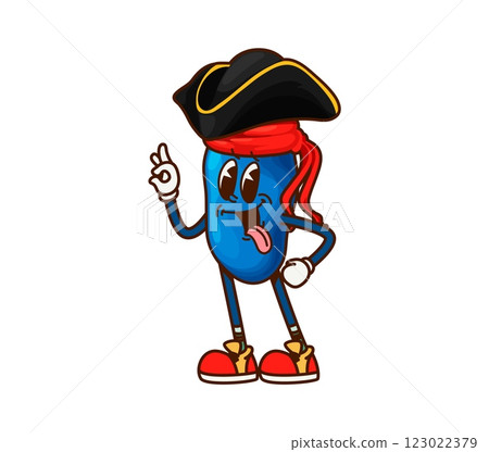 Groovy honeyberry pirate and corsair character. Cartoon vector funny berry in black captain hat and red bandana makes ok gesture with a cheeky grin. Happy smiling picaroon honeysuckle retro adventurer Groovy honeyberry pirate and corsair character. Cartoon vector funny berry in black captain hat and red bandana makes ok gesture with a cheeky grin. Happy smiling picaroon honeysuckle retro adventurer 123022379