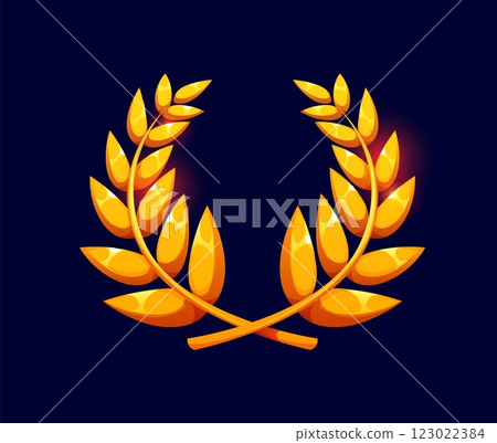 Cartoon golden laurel wreath for badge or game asset, vector icon. Laurel wreath of golden leaves branch for royal heraldic symbol, best award or top reward and winner triumph for game rank asset 123022384