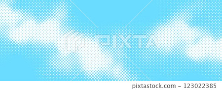 Dotted comic cloud background. Halftone clouds in sky. Pop art heaven wallpaper for banner, brochure, collage, poster, leaflet. Pixelated smoke, smog or fog texture. Vector backdrop 123022385