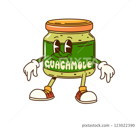 Cartoon groovy guacamole sauce character with funny face, vector comic emoji. Groovy guacamole sauce jar cartoon character with happy smile for Mexican cuisine or avocado salsa and dipping sauce 123022390