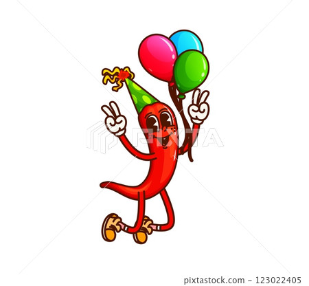 Groovy chilli pepper vegetable character on holiday party. Fresh veggie isolated groovy vector cheerful character. Chili pepper vegetable funny personage jumping with balloons on kids holiday party Groovy chilli pepper vegetable character on holiday party. Fresh veggie isolated groovy vector cheerful character. Chili pepper vegetable funny personage jumping with balloons on kids holiday party 123022405