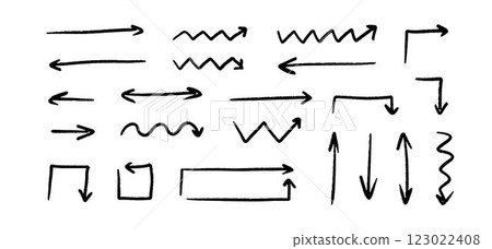 Hand drawn zigzag and straight arrow set. Black grunge sketch arrow collection. Doodle sketch pointer and direction lines. Squared and rectangle brush stroke bundle for flyer, poster, brochure. Vector 123022408