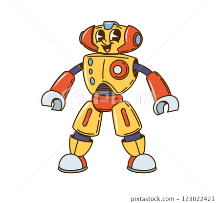 Groovy cartoon retro robot character with funny smile on face, vector comic personage. Groovy funky retro robot with silly face and mechanic arms, transformer bot or smiling cyber android character 123022421