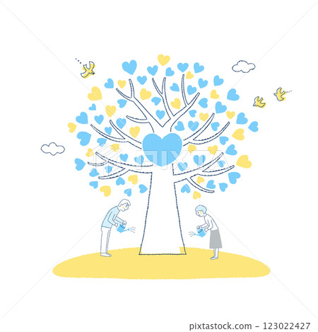 A man and a woman watering a big heart-shaped tree 123022427