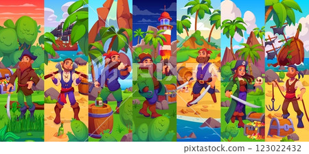 Cartoon pirate characters collage featuring maritime narrative with adventurous buccaneers with swords, treasure chests, rum barrels and tropical backdrops, shipwrecks, lighthouses and palm trees Cartoon pirate characters collage featuring maritime narrative with adventurous buccaneers with swords, treasure chests, rum barrels and tropical backdrops, shipwrecks, lighthouses and palm trees 123022432