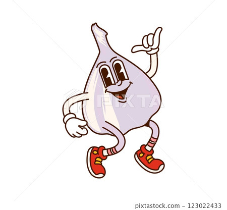 Cartoon groovy garlic vegetable character with cheerful expression and big eyes, embodies a playful and energetic retro vibes. Isolated vector garden plant personage giving shaka sign with happy smile 123022433