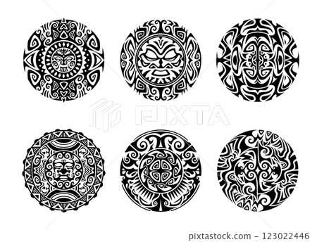 Maori tribal tattoo. Vector set of intricate circular forms, black and white geometric patterns, god faces and abstract mandala motifs inspired by Polynesian and Maori art, cultural decorative art 123022446
