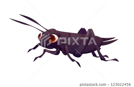 Cartoon funny cricket insect character with large expressive eyes. Isolated vector playful and funny pest personage for children books. Playful natural bug exudes charm and a sense of mischief and fun 123022456