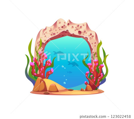 Game underwater sea portal, magic stone with gate door to undersea world, cartoon vector. Underwater game element of water portal in rock cave with stone arch and fishes in coral reef seaweeds Game underwater sea portal, magic stone with gate door to undersea world, cartoon vector. Underwater game element of water portal in rock cave with stone arch and fishes in coral reef seaweeds 123022458