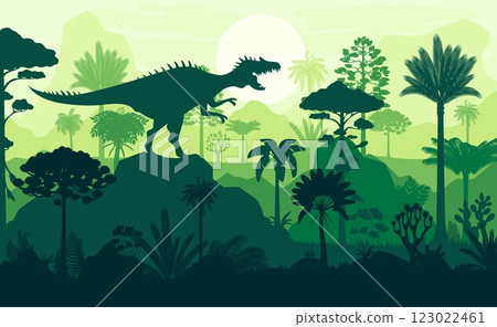 Dinosaur silhouette at tropical jungles. Vector prehistoric sunset scene of roaring predatory reptile shadow at ancient, Jurassic era landscape. Majestic creature in evening jungle green rainforest 123022461