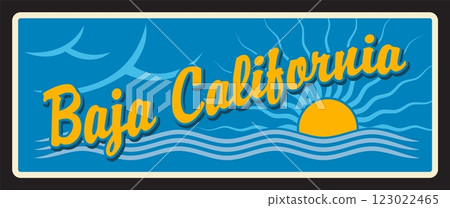 Baja California, Mexican estrado or state. Vector travel plate, vintage sign, retro postcard design. Mexico territory, North American country tourist plaque with seaside and sunshine 123022465