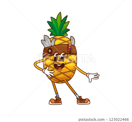 Cartoon groovy pineapple superhero fruit character. Vector retro defender fairytale personage wearing bandana with feathers and beads and hippie y2k sneakers. Smiling fantasy tropical vitamin food Cartoon groovy pineapple superhero fruit character. Vector retro defender fairytale personage wearing bandana with feathers and beads and hippie y2k sneakers. Smiling fantasy tropical vitamin food 123022466