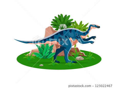Dinosaur, cartoon prehistoric lizard of Aralosaurus species, vector dino animal. Aralosaurus dinosaur character of Cretaceous era species, prehistoric lizard in jungle for paleontology museum or atlas 123022467