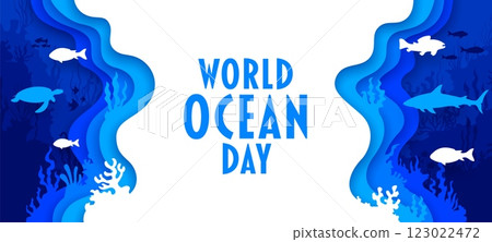 Paper cut World Ocean Day banner with underwater landscape, sea animals and fish vector silhouettes. 3d paper cut water waves, shark, sea turtle and seaweeds. World Ocean Day ecology concept 123022472