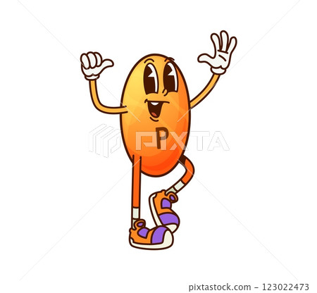 Cartoon groovy vitamin P and micronutrient character with cheerful expression. Isolated vector funky orange Bioflavonoids capsule or pill retro y2k personage, embodying health, wellness and energy 123022473